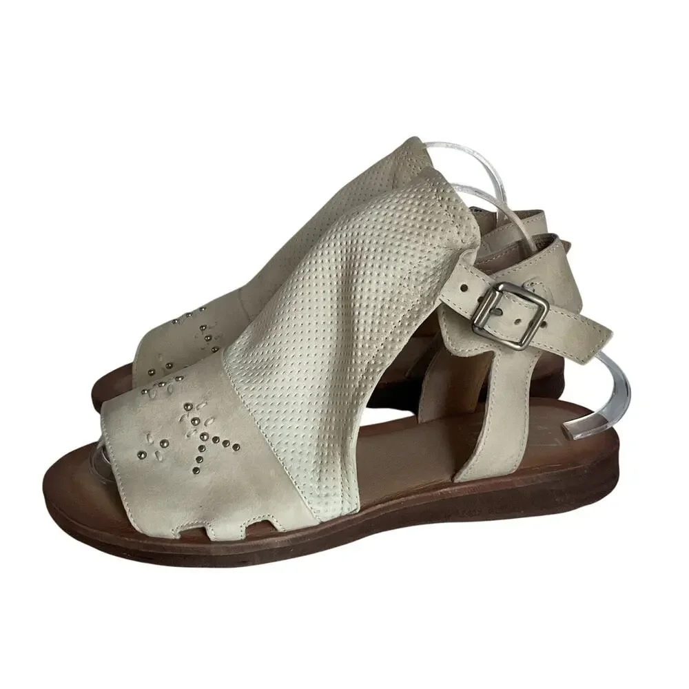 Miz Mooz Fifi Wide Leather Sandals Linen EU 39 US 8.5 Studded Ankle Strap